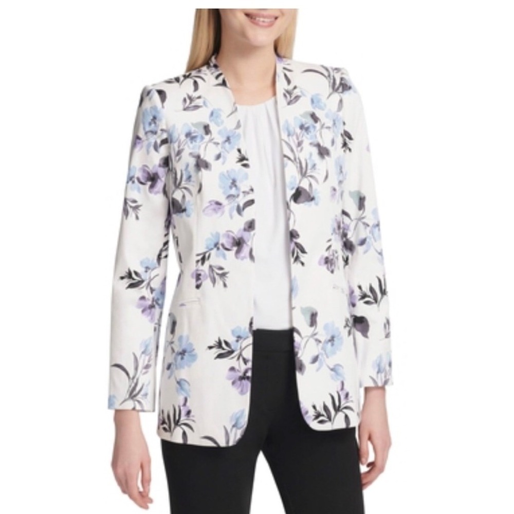 Calvin Klein Floral Blazer 6 Feminine White Blue Purple Open Front Jacket